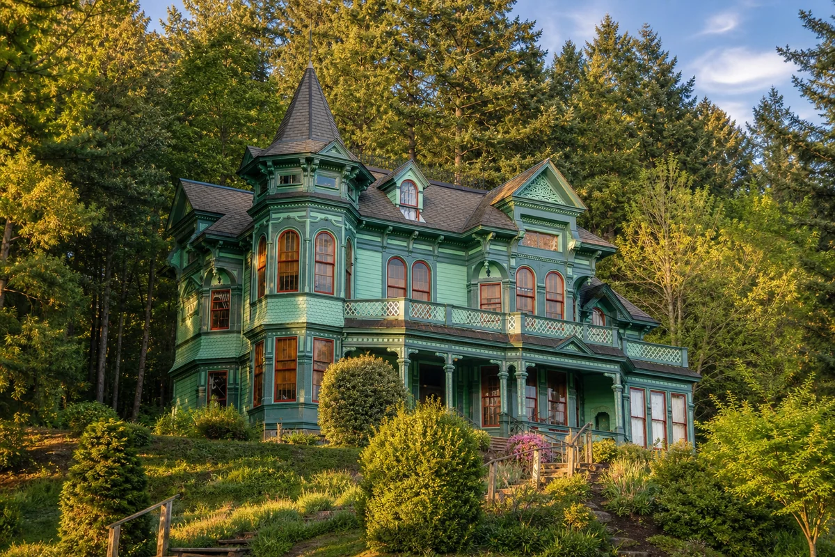 Lightly stylized view of the Shelton-McMurphey-Johnson House in Eugene
