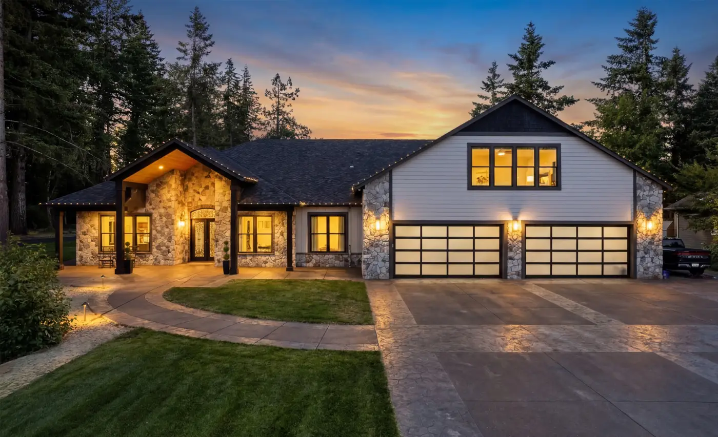 Twilight exterior real estate photograph of a modern Oregon home