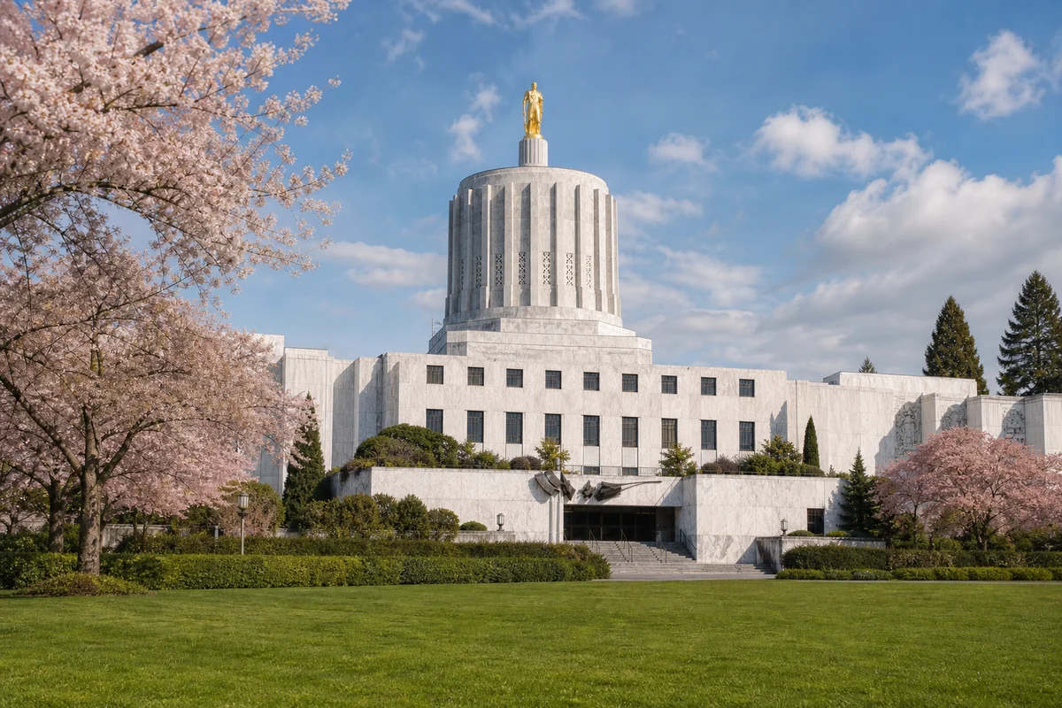 Lightly stylized view of the Oregon State Capitol in Salem